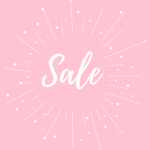 Caption reads: Sale, pink background with white stars in circle surrounding text