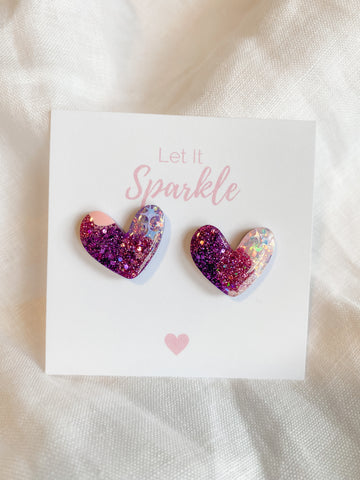 Resin Heart Studs - Mermaid Glitter