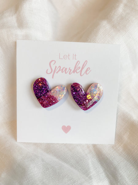 Resin Heart Studs - Mermaid Glitter