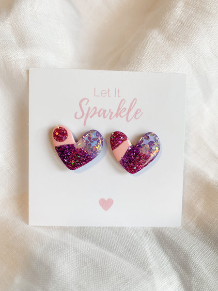 Resin Heart Studs - Mermaid Glitter